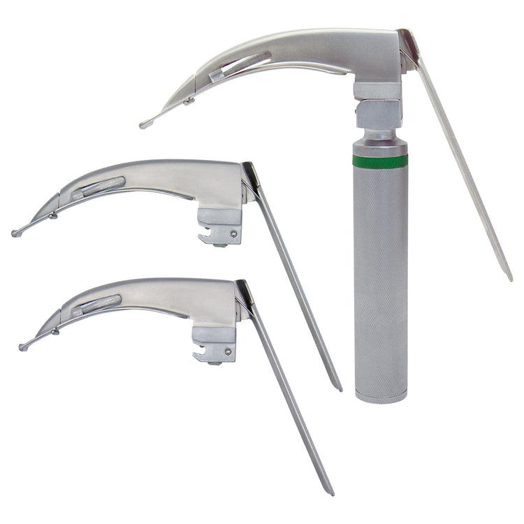A display of a laryngoscope kit containing one fully assembled McCoy instrument on the right and two additional detached articulating blades of different sizes on the left.
