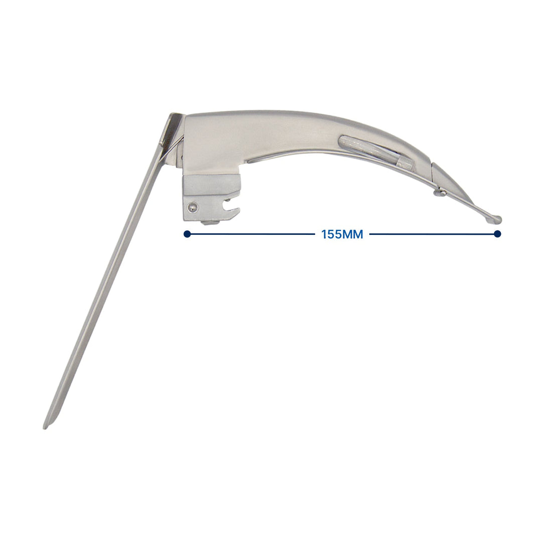 A size chart diagram for a McCoy laryngoscope blade (Size 4), showing the side profile with the articulating lever and a measurement line indicating 155mm in length.