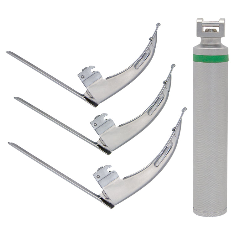 A laryngoscope set composition showing a silver handle with a green band on the right and three detached McCoy articulating blades arranged diagonally on the left.