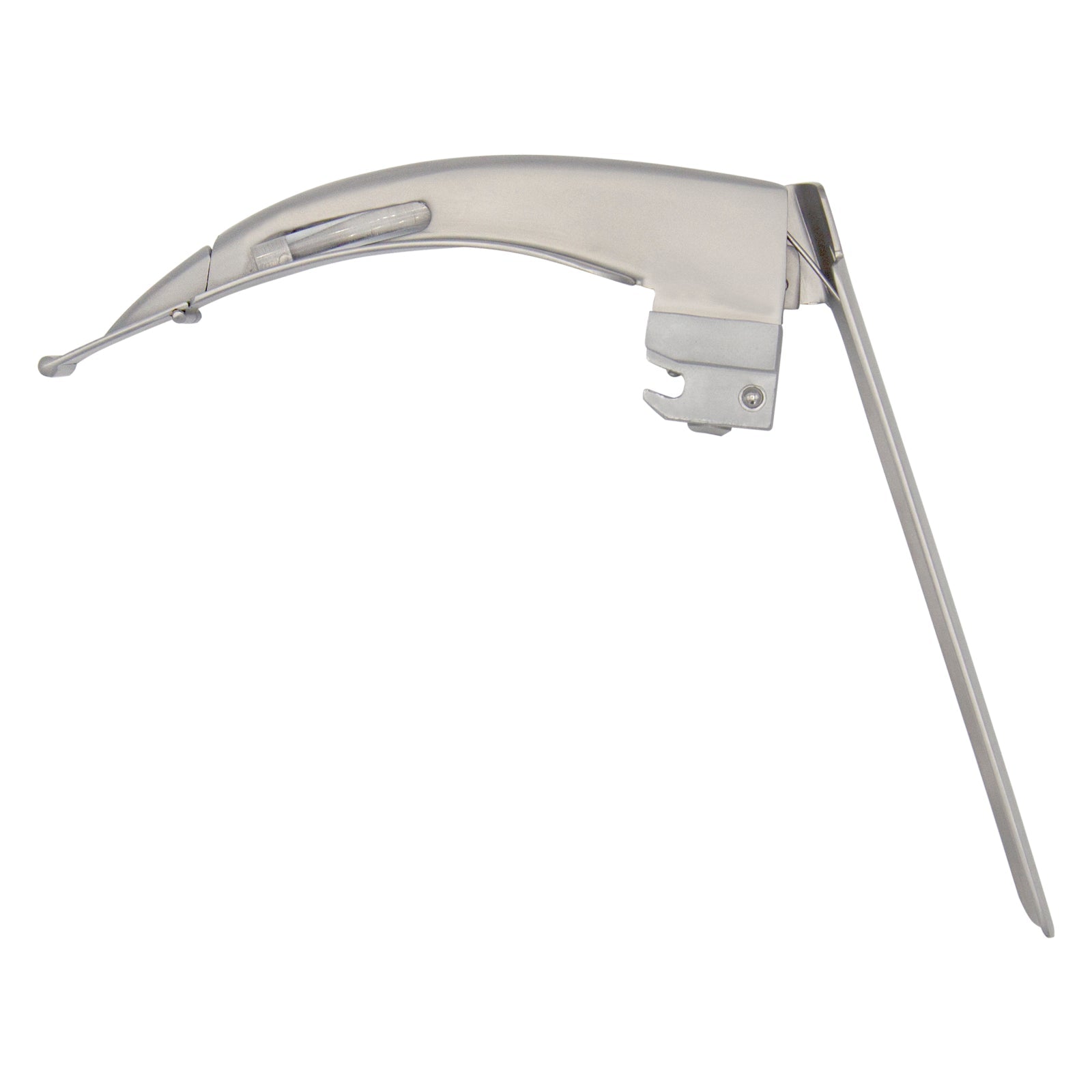 A detached articulating laryngoscope blade showing the lever arm running from the base to the hinged tip mechanism.