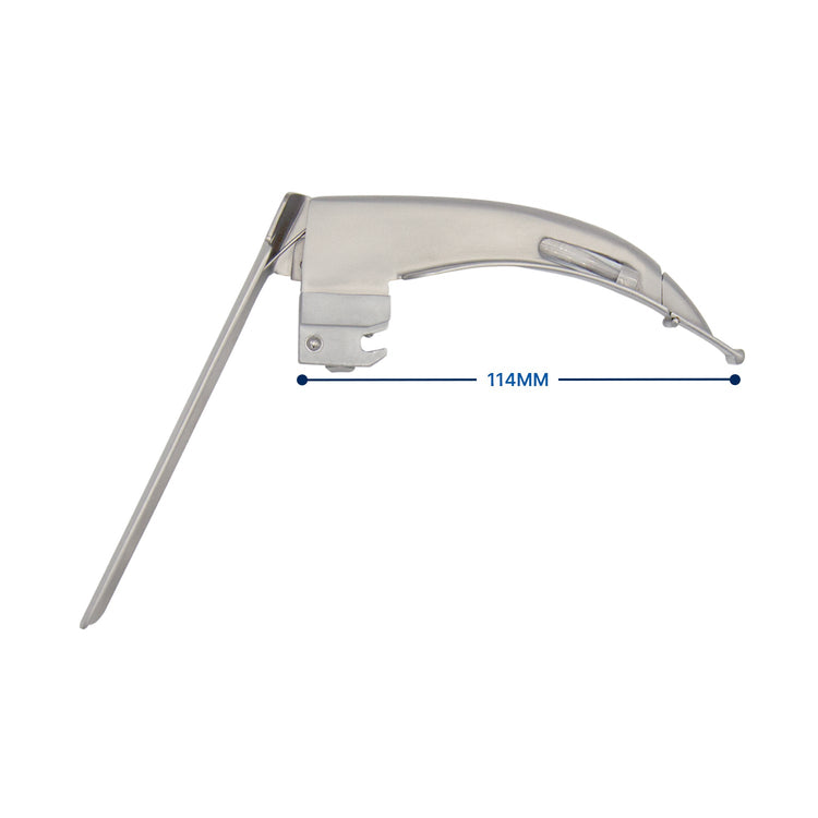 A size chart diagram for a McCoy flexible-tip laryngoscope blade, displaying a side profile of the articulating blade with its lever mechanism and a measurement line indicating a length of 114mm.