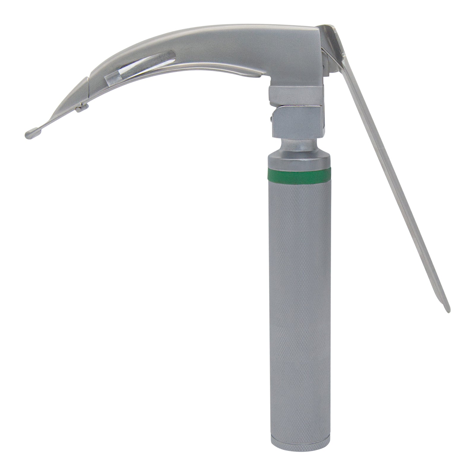 An assembled flexible-tip laryngoscope shown from the side, featuring a textured silver handle and a blade with a lever-operated distal tip.