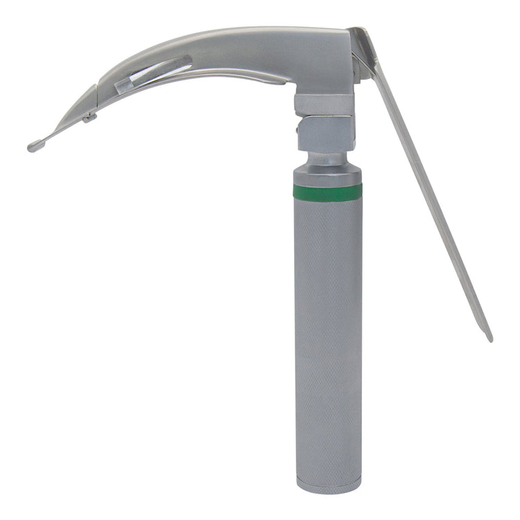 An assembled flexible-tip laryngoscope shown from the side, featuring a textured silver handle and a blade with a lever-operated distal tip.