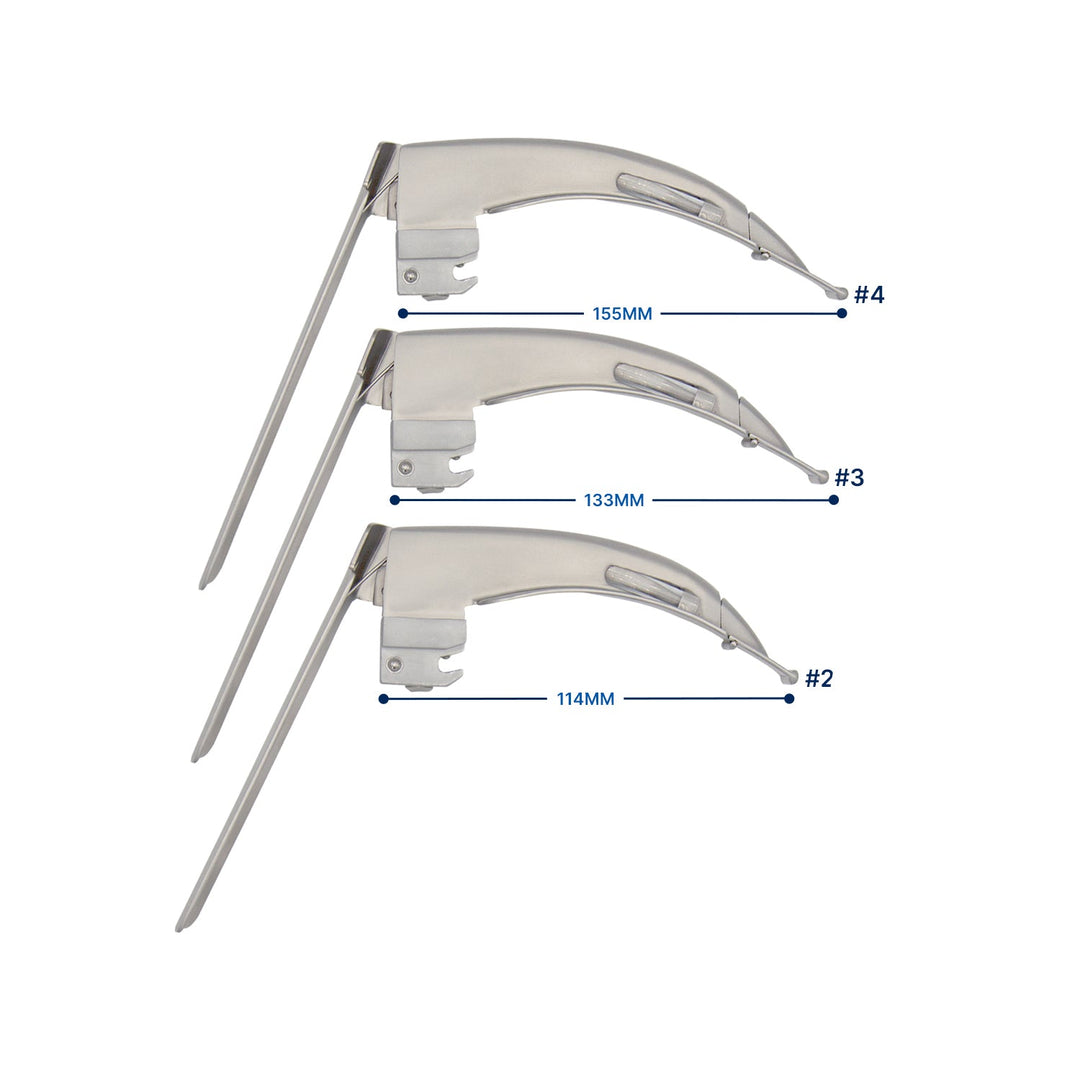 A size chart displaying three McCoy laryngoscope blades stacked vertically, labeled as #4 (155mm), #3 (133mm), and #2 (114mm) to indicate their respective sizes.