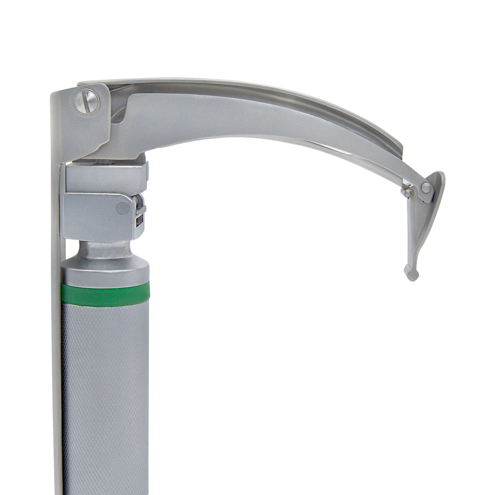 A detailed view of the laryngoscope blade's hinged tip in an elevated position, demonstrated by the engagement of the lever mechanism.