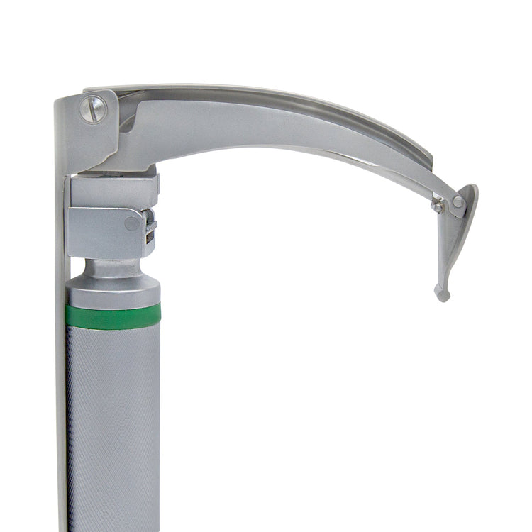 A detailed view of the laryngoscope blade's hinged tip in an elevated position, demonstrated by the engagement of the lever mechanism.