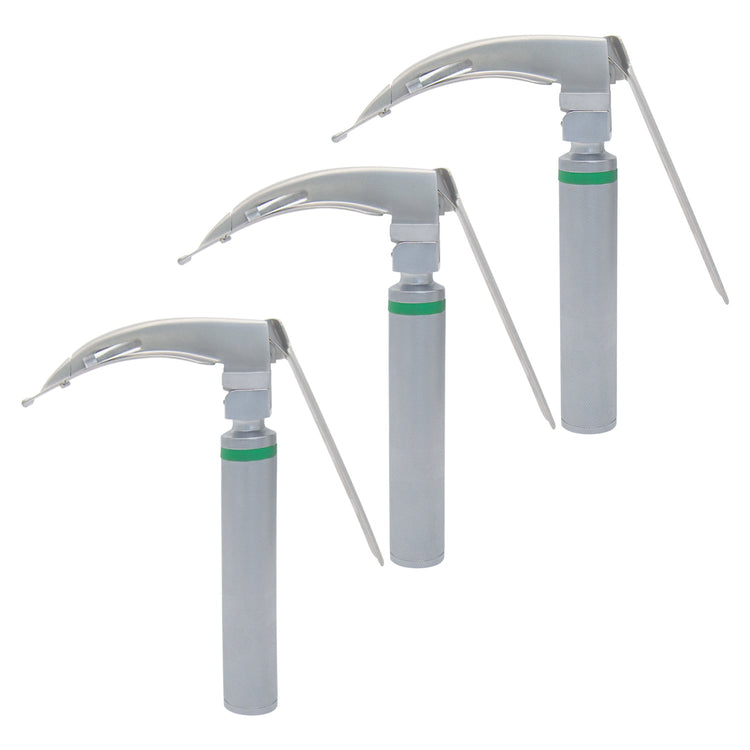 A diagonal row of three assembled fiber optic McCoy laryngoscopes, each featuring a silver handle with a green identification ring and an attached flexible-tip blade with a posterior lever.