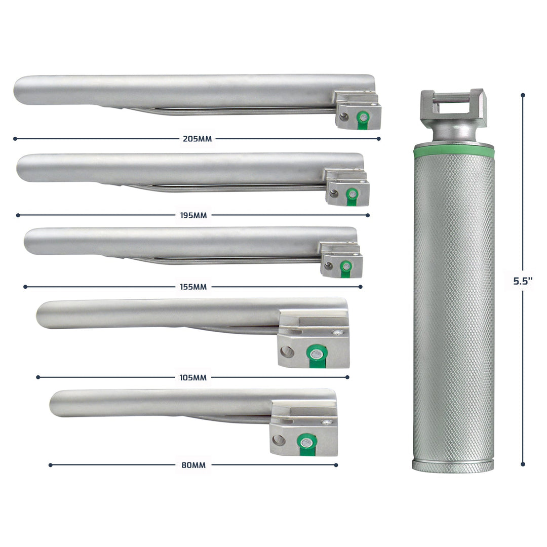 A comprehensive size diagram showing a silver laryngoscope handle with a height of 5.5 inches positioned next to a vertical stack of five Miller blades labeled with lengths of 205mm, 195mm, 155mm, 105mm, and 80mm.