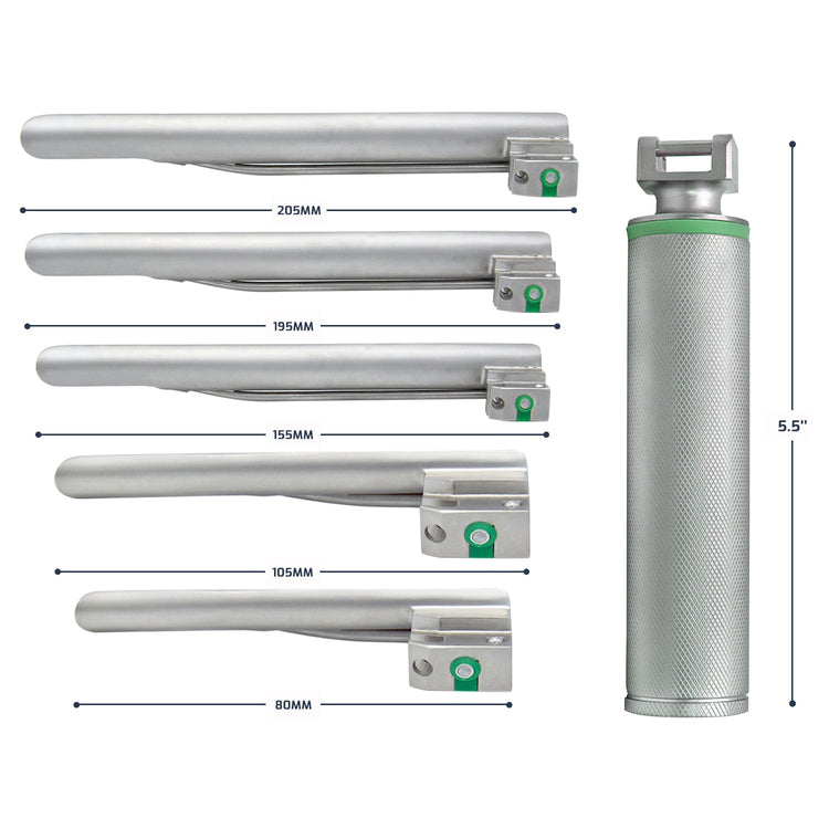A comprehensive size diagram showing a silver laryngoscope handle with a height of 5.5 inches positioned next to a vertical stack of five Miller blades labeled with lengths of 205mm, 195mm, 155mm, 105mm, and 80mm.