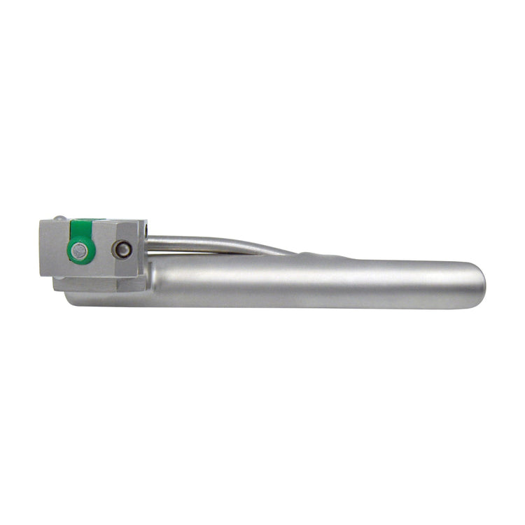A close-up side view of the base of a Miller laryngoscope blade, focusing on the green color-coded heel and the fiber optic connection point.