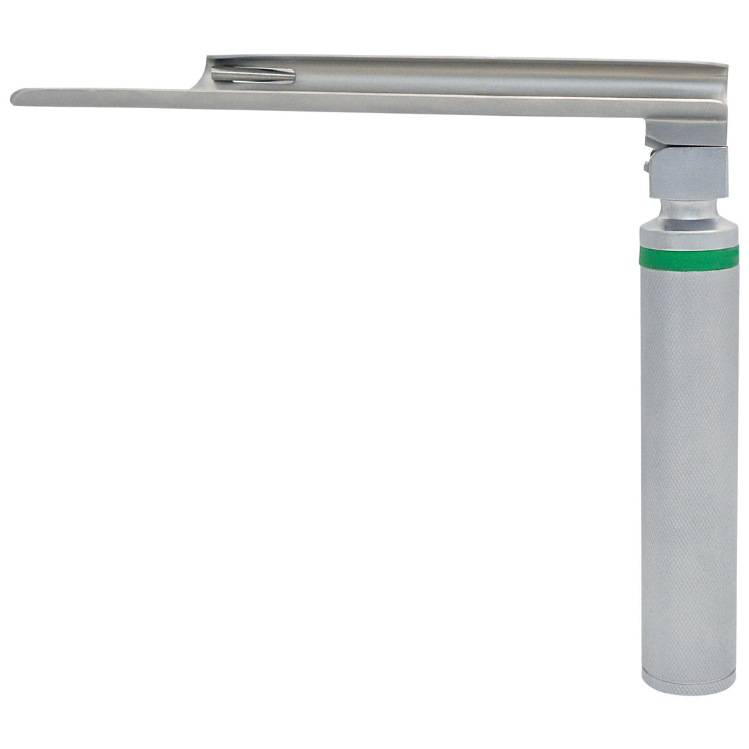A side profile view of an assembled medical laryngoscope, featuring a silver knurled handle with a green ring connected to a straight Miller blade.
