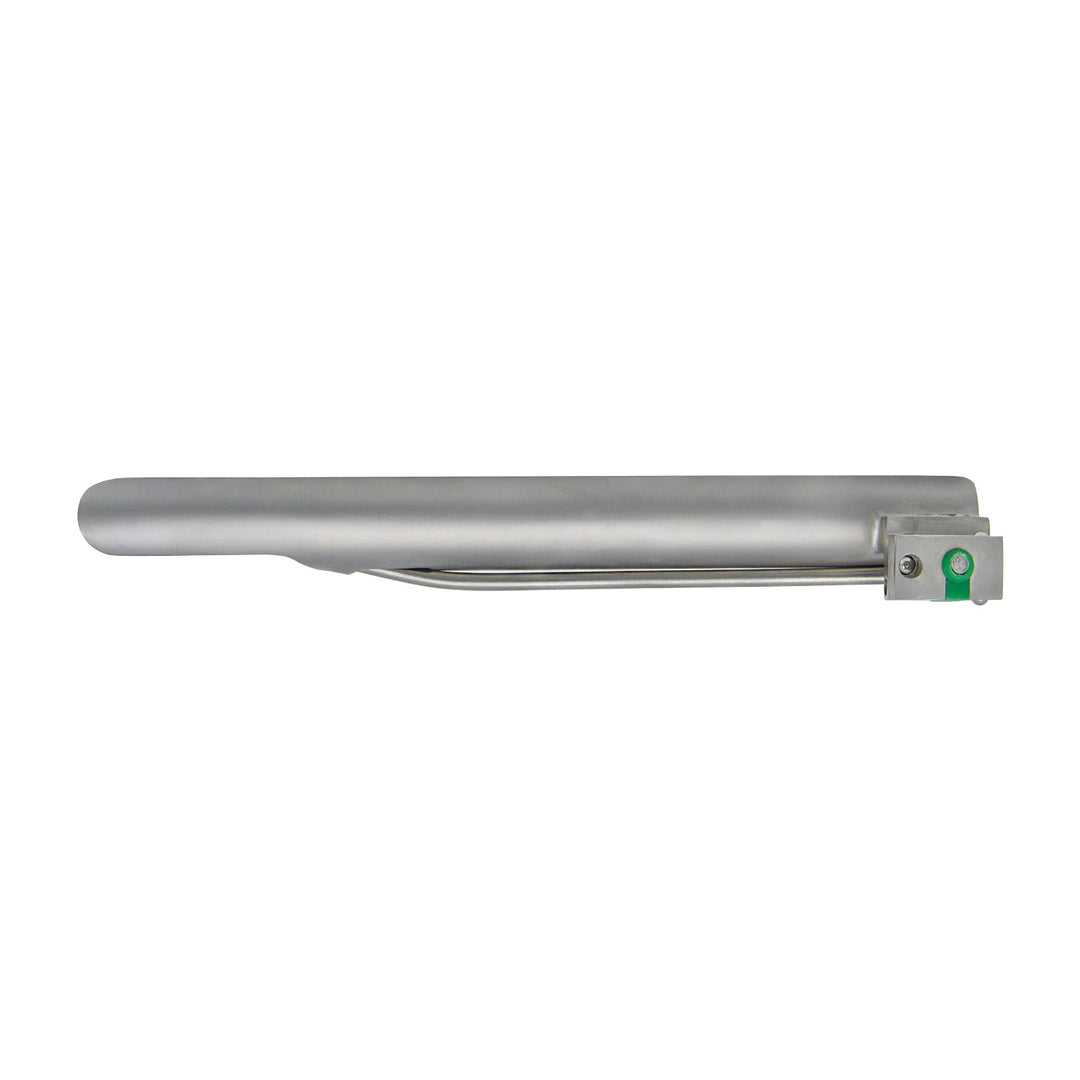 A bottom-side view of a Miller laryngoscope blade, highlighting the straight metal spatula and the green color-coded locking mechanism at the base.