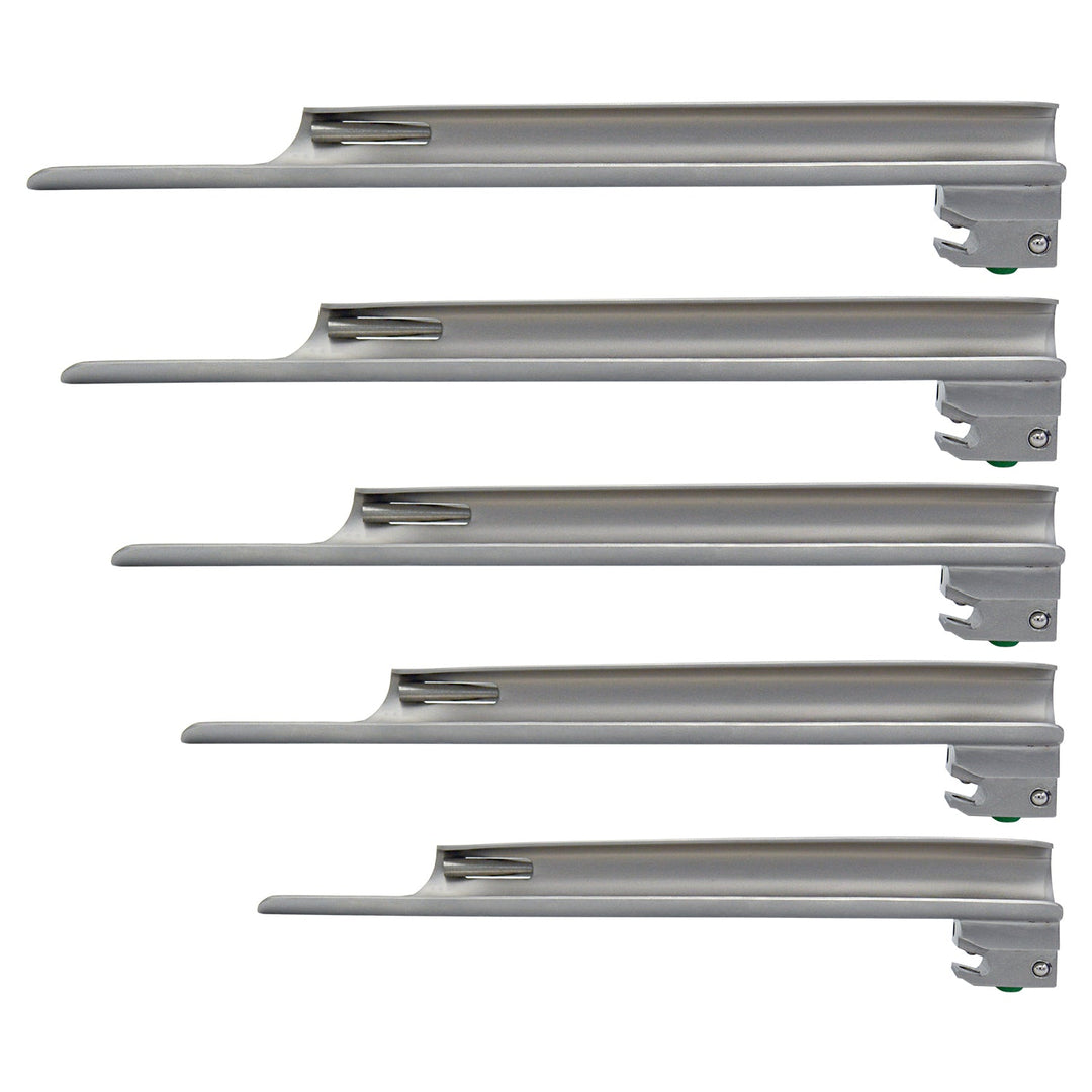 A vertical arrangement of five stainless steel Miller laryngoscope blades of varying lengths, displaying the straight spatula design and the green color-coded locking mechanism at the base.