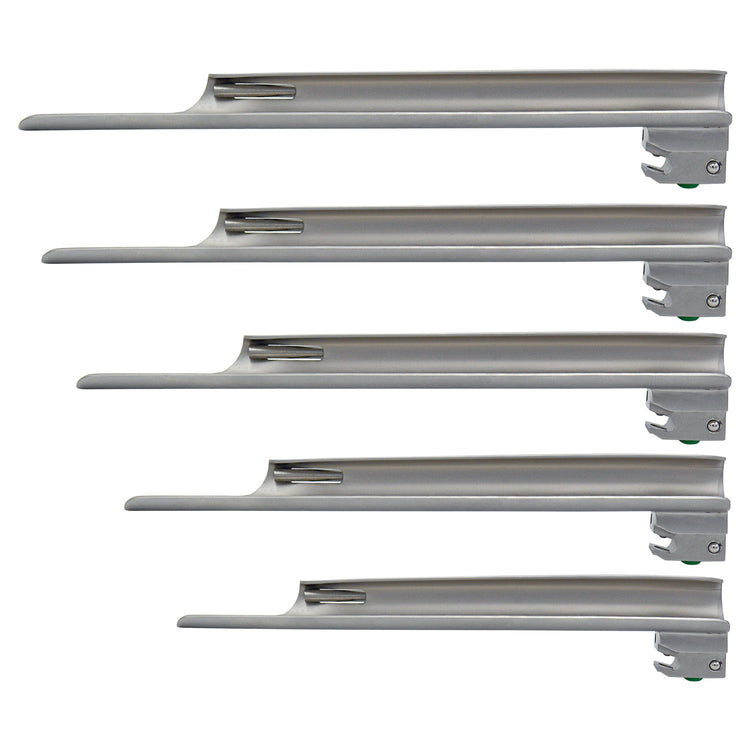 A vertical arrangement of five stainless steel Miller laryngoscope blades of varying lengths, displaying the straight spatula design and the green color-coded locking mechanism at the base.