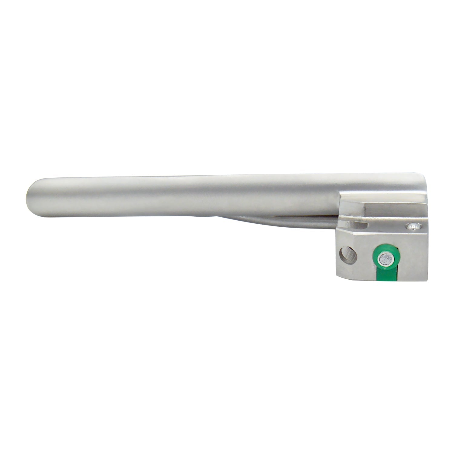 A top-down perspective of a straight Miller laryngoscope blade, highlighting the flange and the green fiber optic connection point.