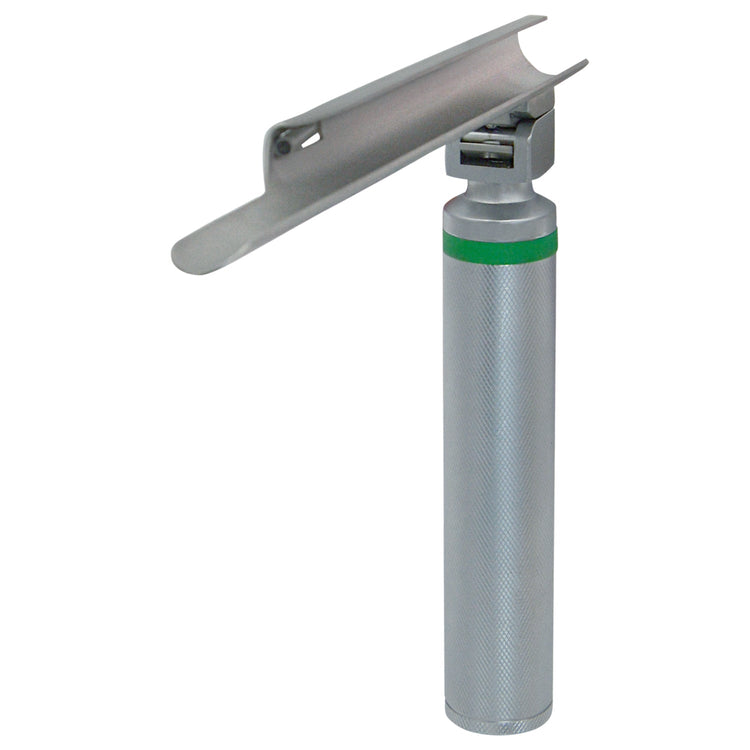 An angled, upright view of a complete laryngoscope instrument with a textured silver handle, green band, and a straight Miller blade attached at the top.
