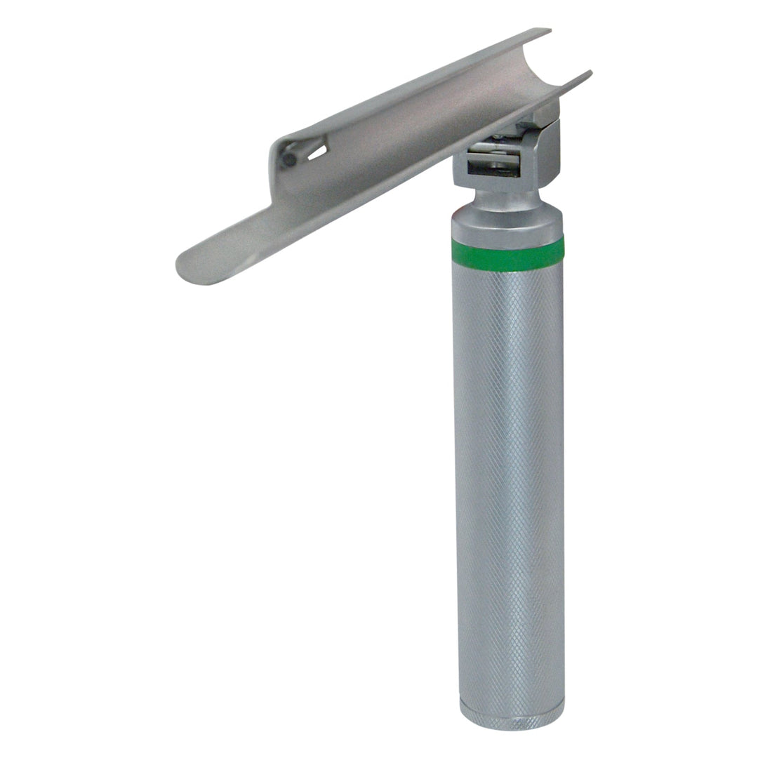 An angled, upright view of an assembled fiber optic laryngoscope consisting of a silver handle with a green identification band and an attached straight Miller blade.
