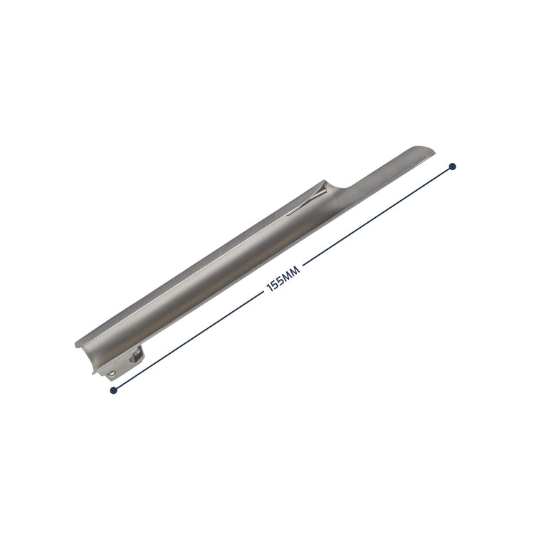 A size chart diagram for a Miller fiber optic laryngoscope blade (Size 2), displaying a side profile of the straight blade with a measurement line indicating a length of 155mm.
