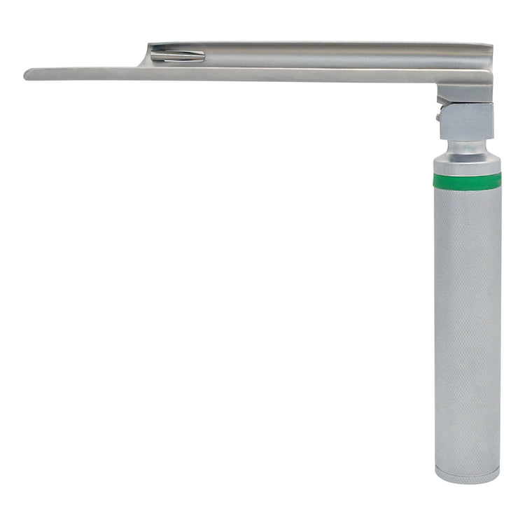 A side profile view of an assembled laryngoscope, featuring a vertical silver handle connected to a straight Miller blade extending horizontally to the left.