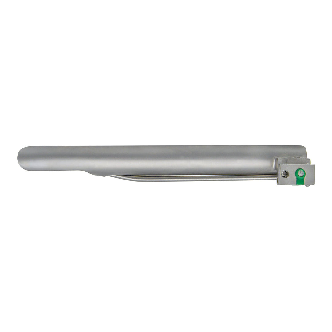 A bottom-up view of a Miller laryngoscope blade, highlighting the straight channel of the spatula and the green color-coded locking mechanism at the heel.