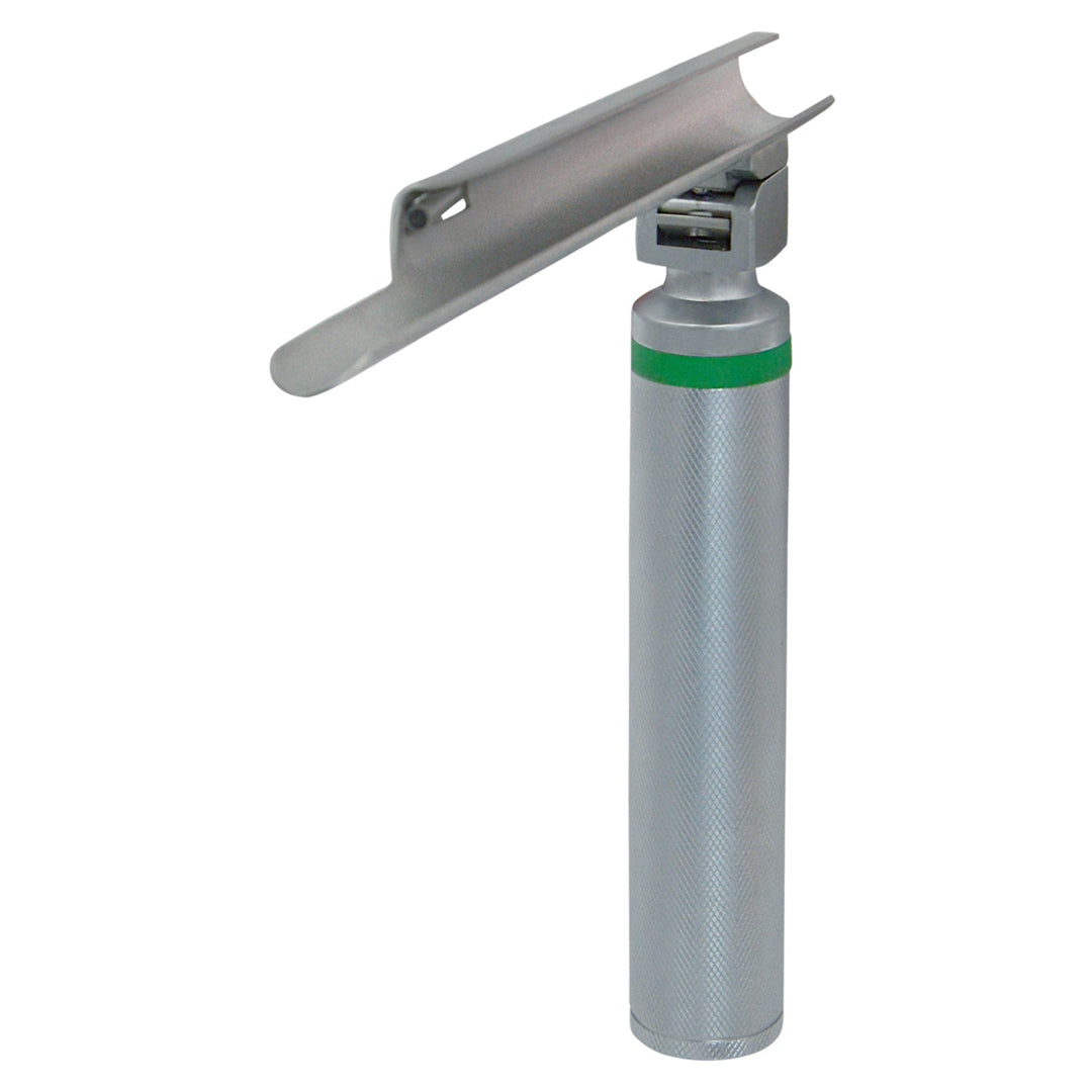 An angled, upright view of a complete laryngoscope instrument with a textured silver handle, green band, and a straight Miller blade attached at the top.