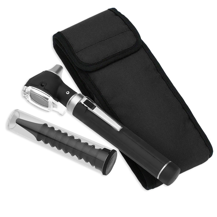 A flat lay arrangement of the complete otoscope set. The black diagnostic penlight tool lies diagonally across a matching black nylon carrying case, positioned next to a clear tube of reusable tips.