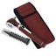 A flat lay arrangement of the complete otoscope set. The burgundy diagnostic penlight tool lies diagonally across a matching burgundy nylon carrying case, positioned next to a clear tube of reusable tips.