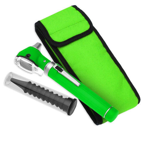 A flat lay arrangement of the complete otoscope set. The light green diagnostic penlight tool lies diagonally across a matching light green nylon carrying case, positioned next to a clear tube of reusable tips.