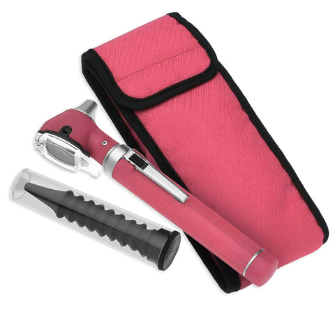 A flat lay arrangement of the complete otoscope set. The pink diagnostic penlight tool lies diagonally across a matching pink nylon carrying case, positioned next to a clear tube of reusable tips.