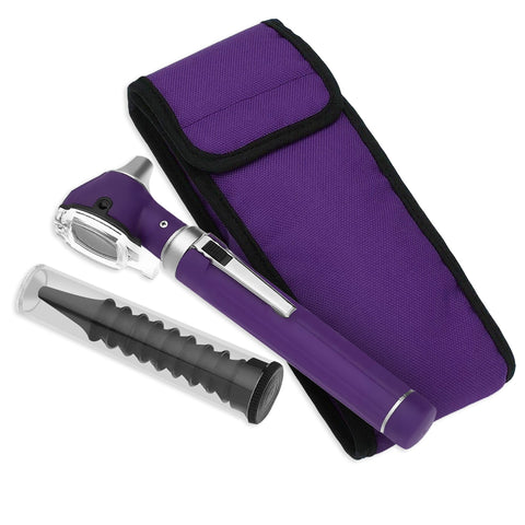 A flat lay arrangement of the complete otoscope set. The purple diagnostic penlight tool lies diagonally across a matching purple nylon carrying case, positioned next to a clear tube of reusable tips.
