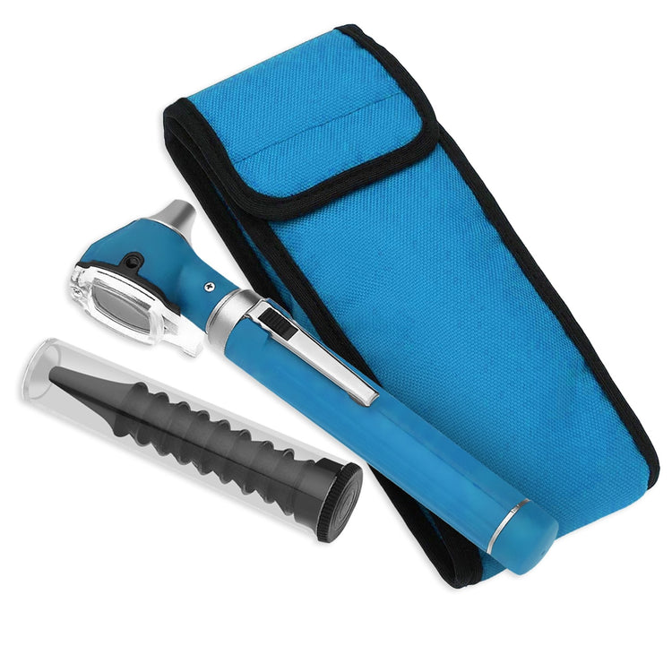 A flat lay arrangement of the complete otoscope set. The sea breeze diagnostic penlight tool lies diagonally across a matching sea breeze nylon carrying case, positioned next to a clear tube of reusable tips.