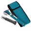 A flat lay arrangement of the complete otoscope set. The teal diagnostic penlight tool lies diagonally across a matching teal nylon carrying case, positioned next to a clear tube of reusable tips.