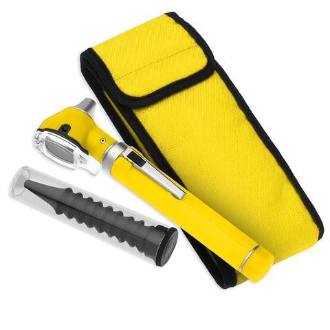 A flat lay arrangement of the complete otoscope set. The yellow diagnostic penlight tool lies diagonally across a matching yellow nylon carrying case, positioned next to a clear tube of reusable tips.