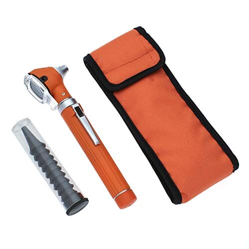 A flat lay arrangement of the complete otoscope set. The orange diagnostic penlight tool lies diagonally across a matching orange nylon carrying case, positioned next to a clear tube of reusable tips.