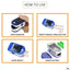 Step-by-step guide on how to use a pulse oximeter with text labels.