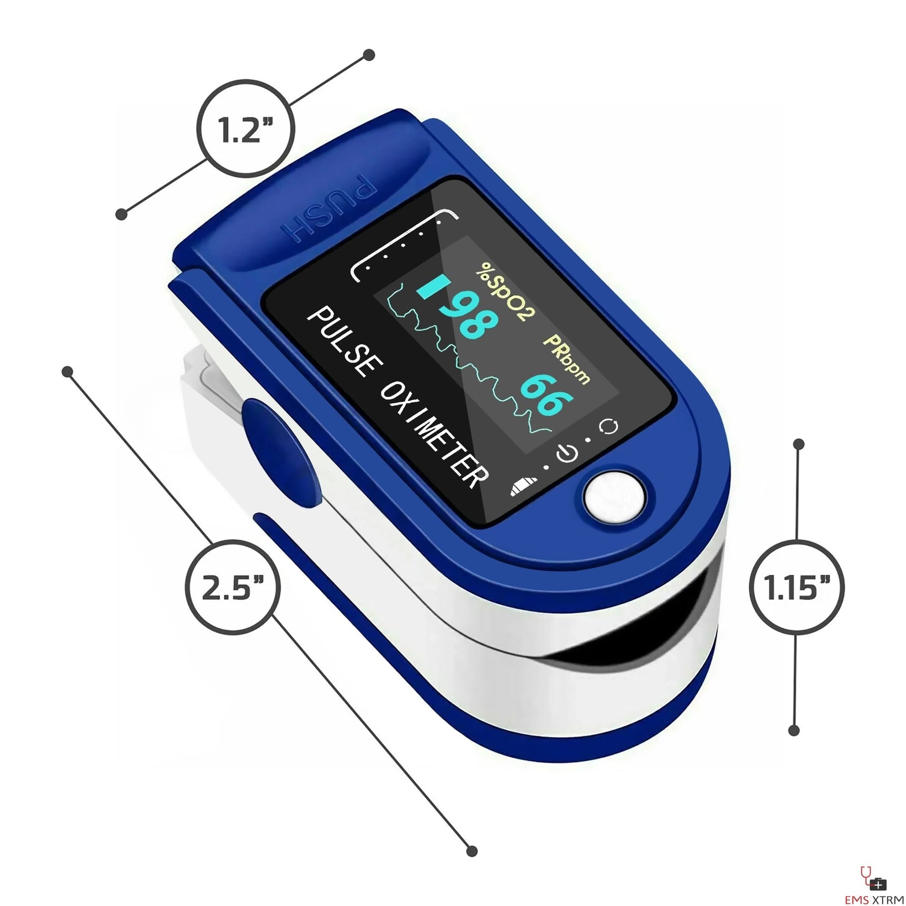 An angled view of a blue pulse oximeter showing its dimensions: 1.2 inches in width, 2.5 inches in length, and 1.15 inches in height, with a digital display showing an SpO2 of 98 and a pulse rate of 66.