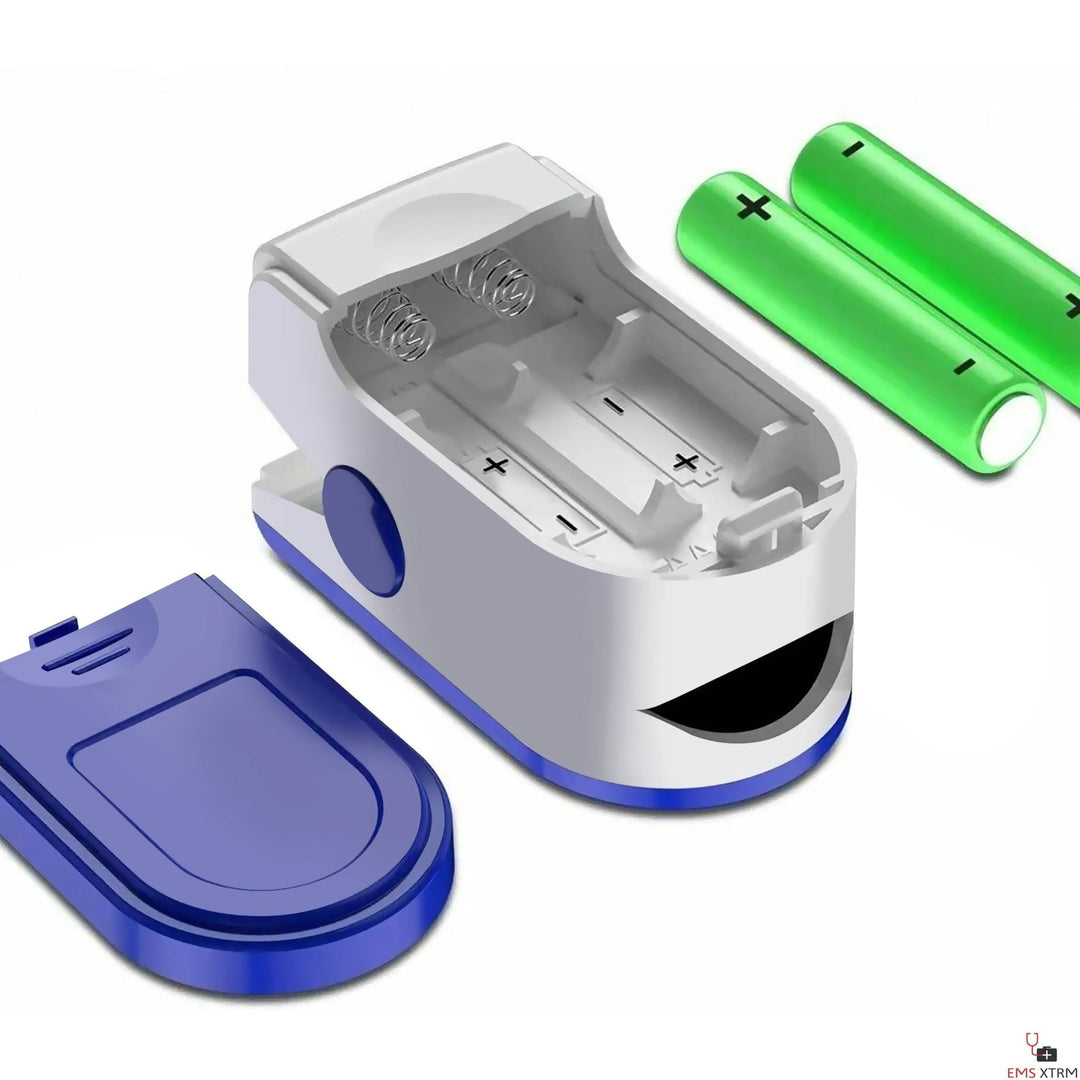 A close-up of a blue and white fingertip pulse oximeter clipped onto a finger, displaying a bright LED screen with SpO2 and pulse rate readings, alongside text highlighting features like accurate heart rate reading, high visibility screen, one-button operation, and low battery consumption.