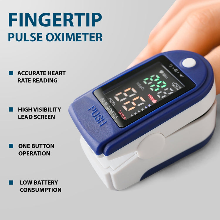A close-up of a blue and white fingertip pulse oximeter clipped onto a finger, displaying a bright LED screen with SpO2 and pulse rate readings, alongside text highlighting features like accurate heart rate reading, high visibility screen, one-button operation, and low battery consumption.