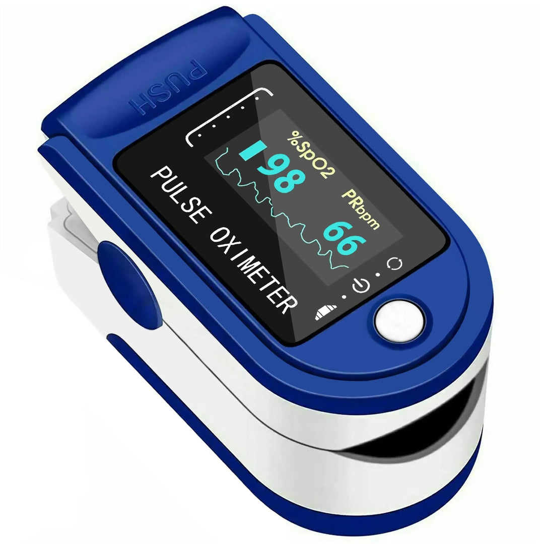An angled top view of a blue fingertip pulse oximeter with a clear digital display showing a blood oxygen level of 98% and a pulse rate of 66 beats per minute.