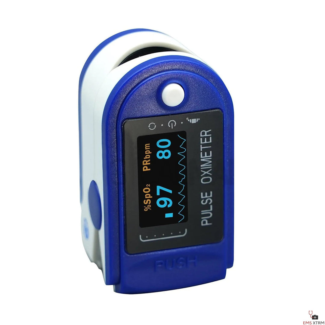A vertical view of a blue pulse oximeter displaying a rotating screen interface with an SpO2 reading of 97 and a pulse rate of 80, with icons for battery life and settings visible at the top.