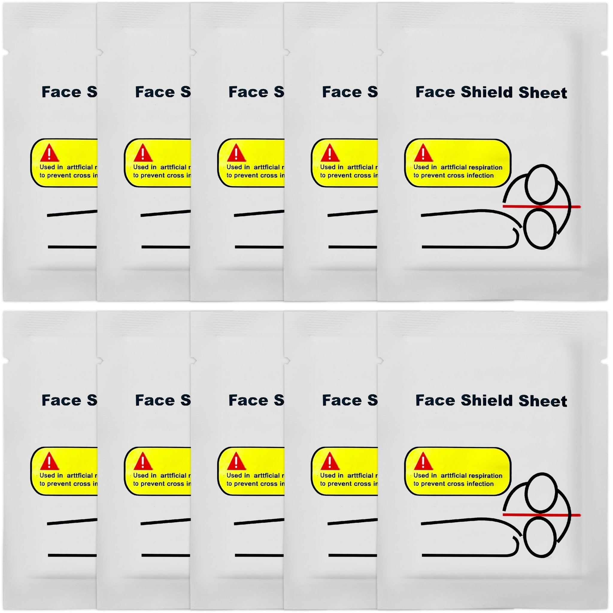 A grid of ten individual white packets, each containing a "Face Shield Sheet" for CPR with a warning graphic about preventing cross-contamination.