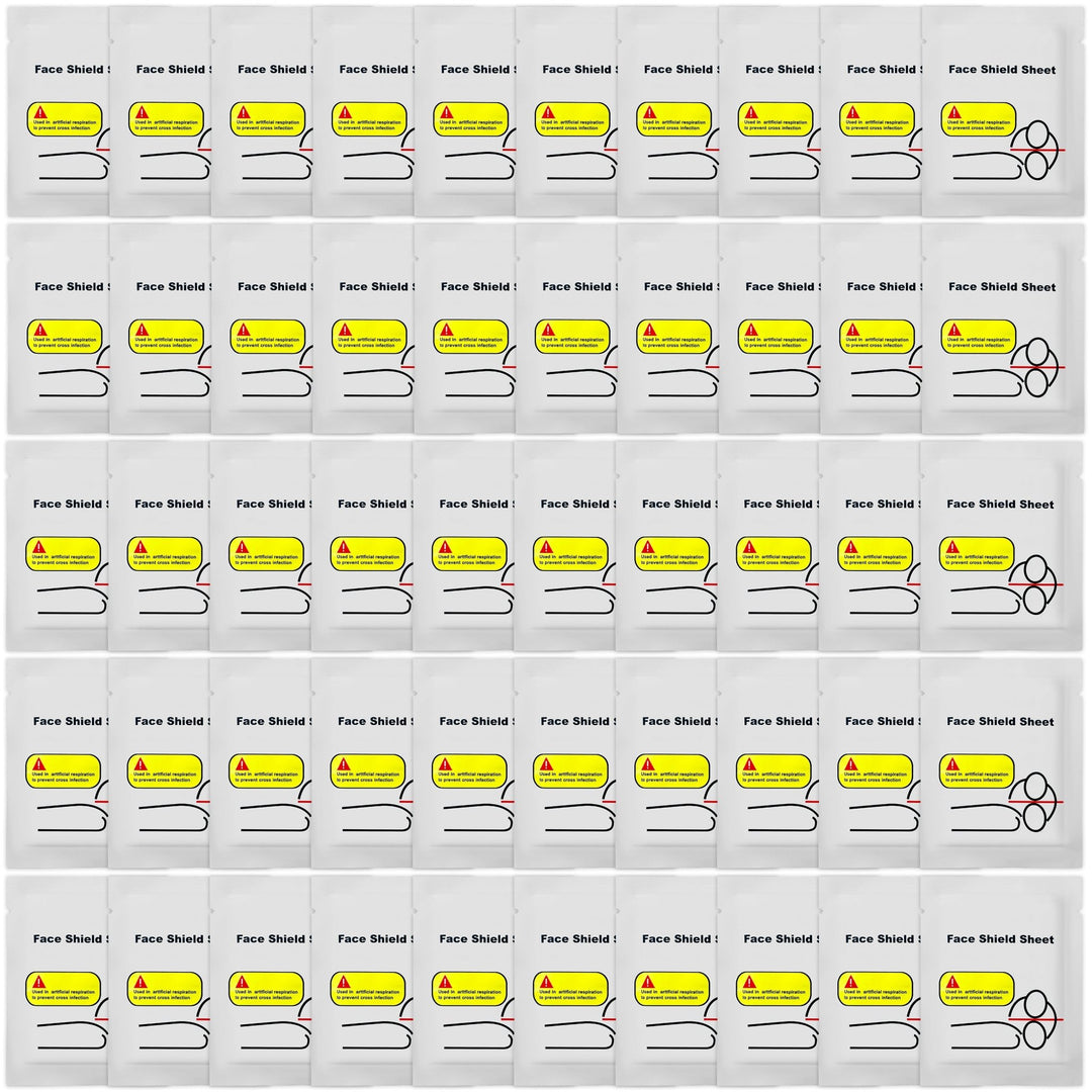 A grid of fifty individual white packets, each containing a "Face Shield Sheet" for CPR with a warning graphic about preventing cross-contamination.