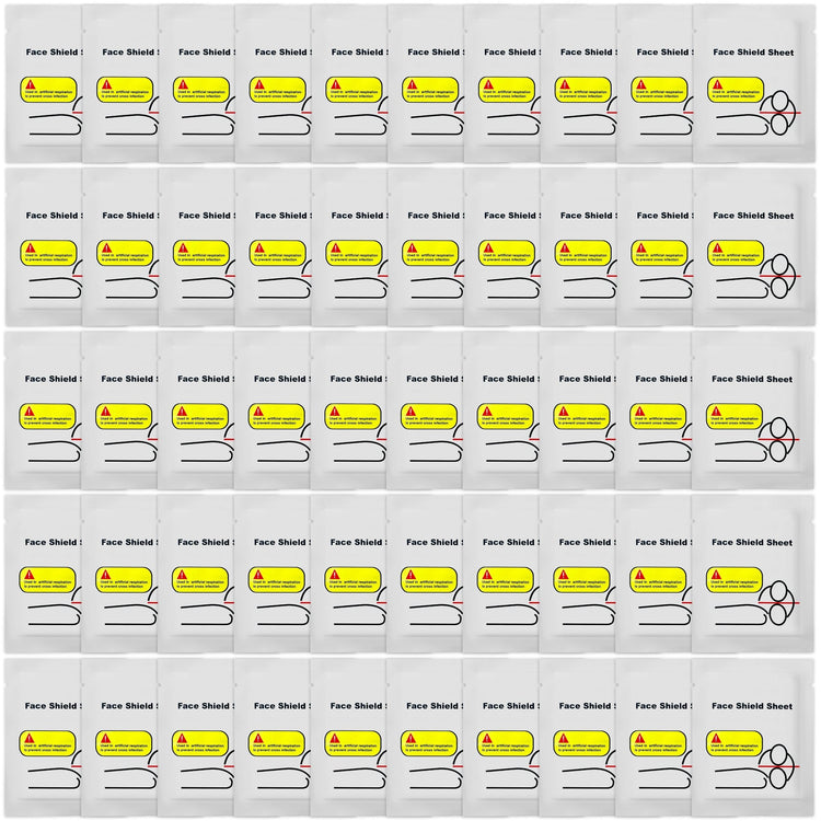 A grid of fifty individual white packets, each containing a "Face Shield Sheet" for CPR with a warning graphic about preventing cross-contamination.