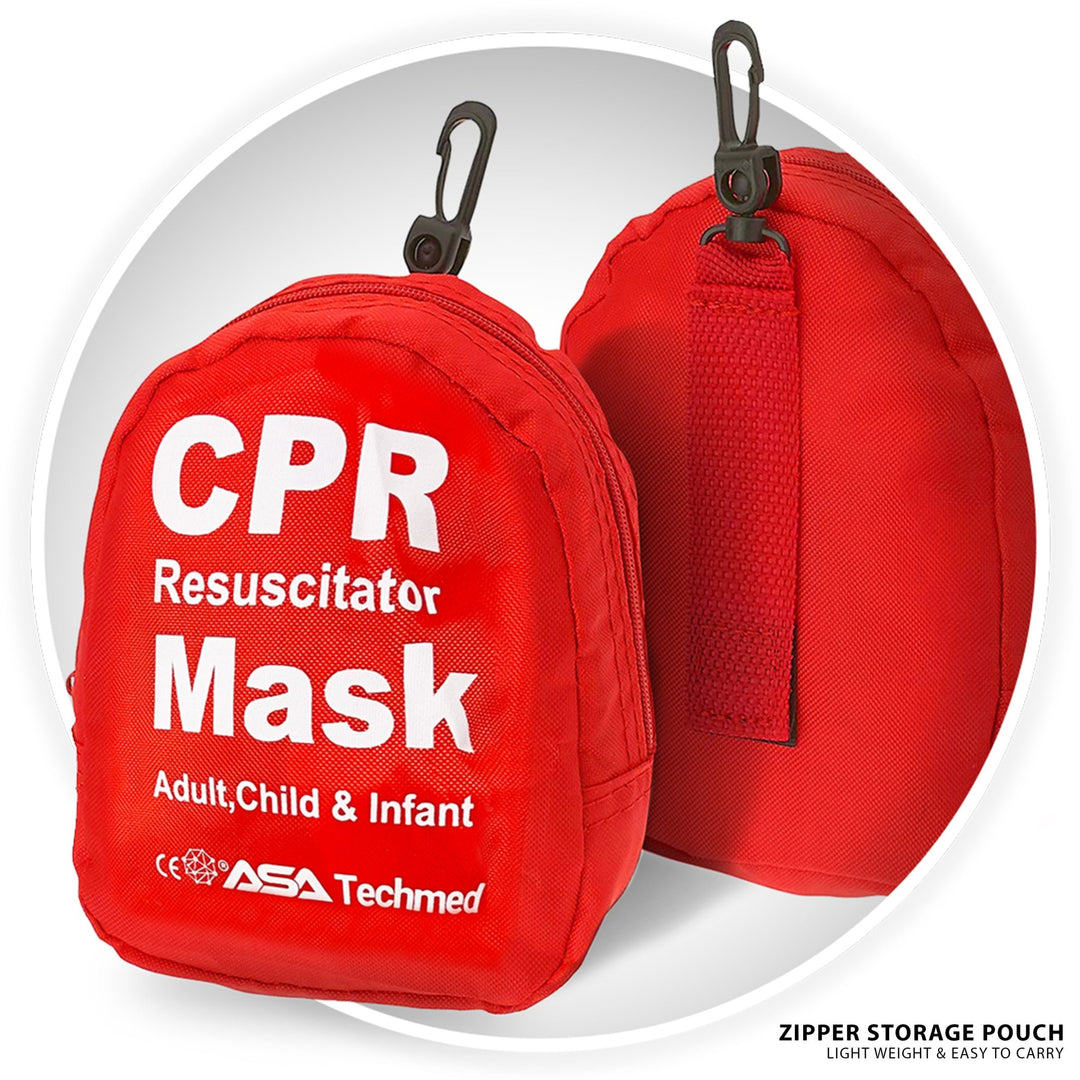 A red zippered storage pouch for a CPR resuscitator mask shown from the front and back, featuring a belt clip and white text reading "CPR Resuscitator Mask Adult, Child & Infant".