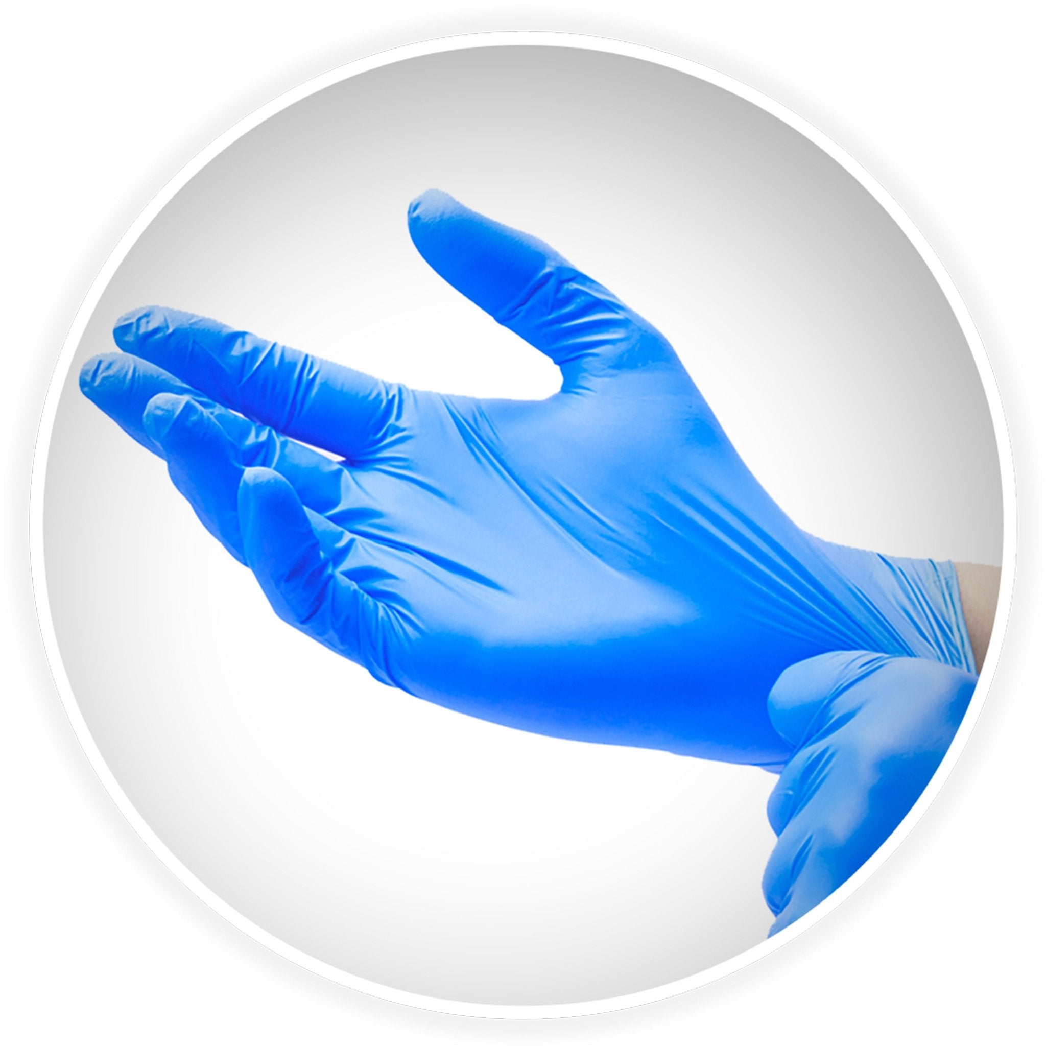 A pair of hands demonstrating the process of putting on blue disposable nitrile medical gloves.