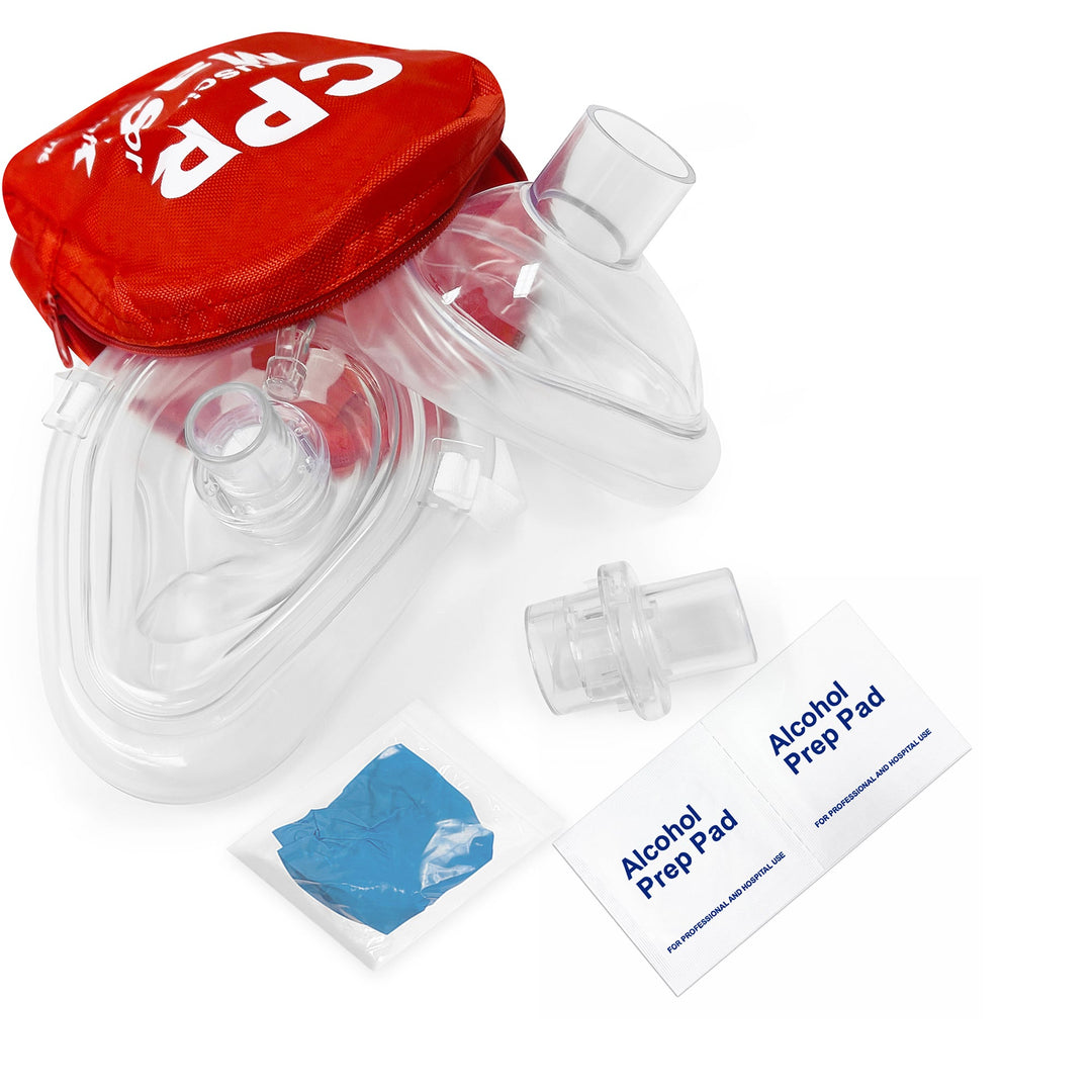 A flat lay of a complete CPR rescue kit contents, including a red zipper pouch, a clear face mask, a one-way valve, a pair of blue gloves, two alcohol prep pads, and two antiseptic towelettes.