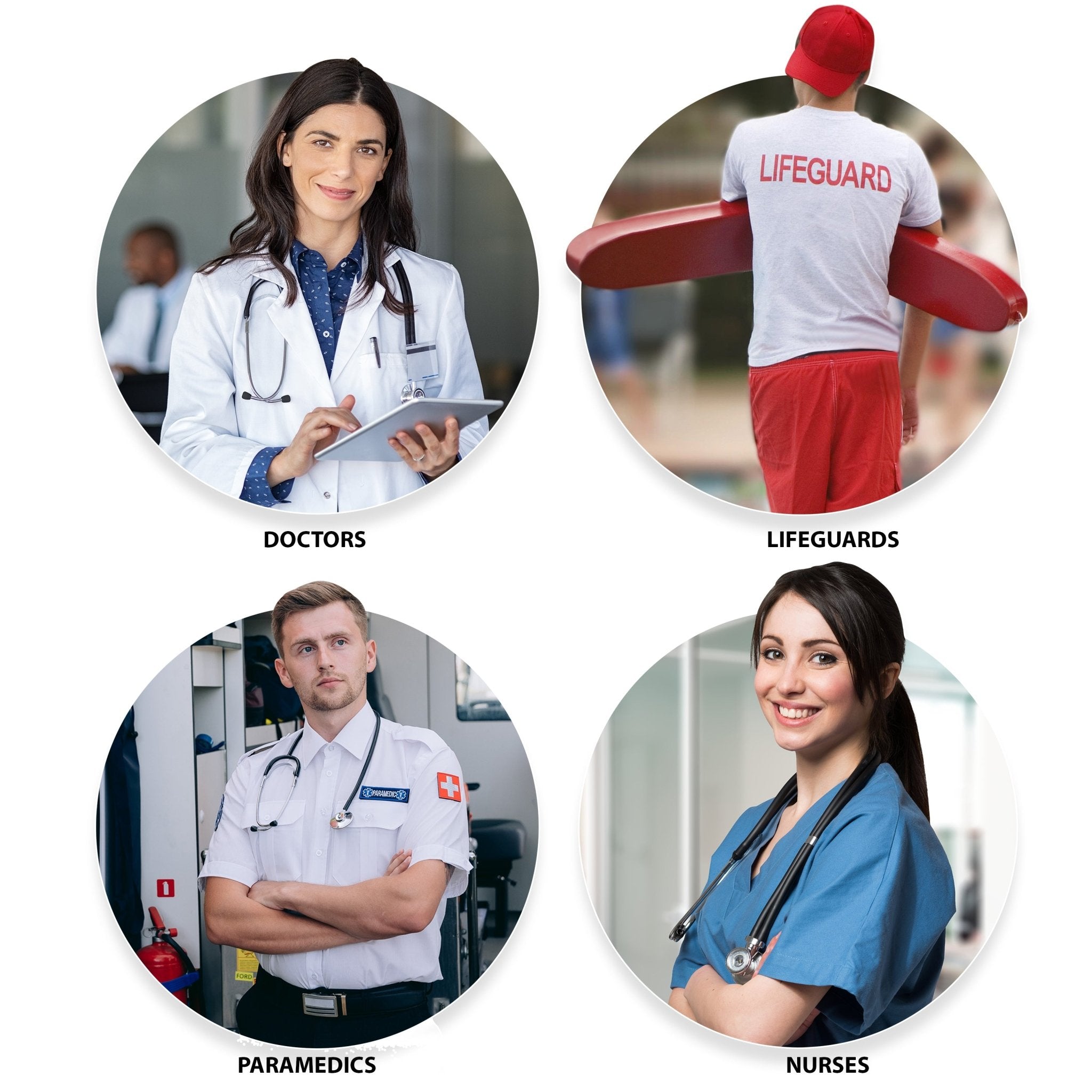 A four-panel collage showing professionals who use CPR masks, featuring a doctor, a lifeguard with a rescue tube, a paramedic, and a nurse.