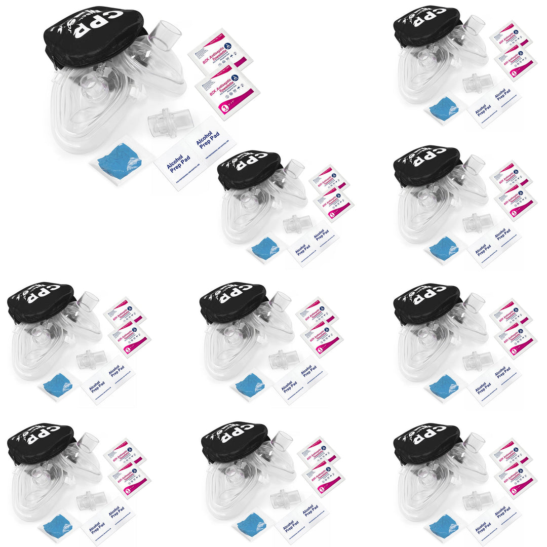 A bulk display of ten CPR rescue mask kits, each containing a red carrying case, a clear face mask, gloves, alcohol pads, and antiseptic wipes arranged in individual sets.