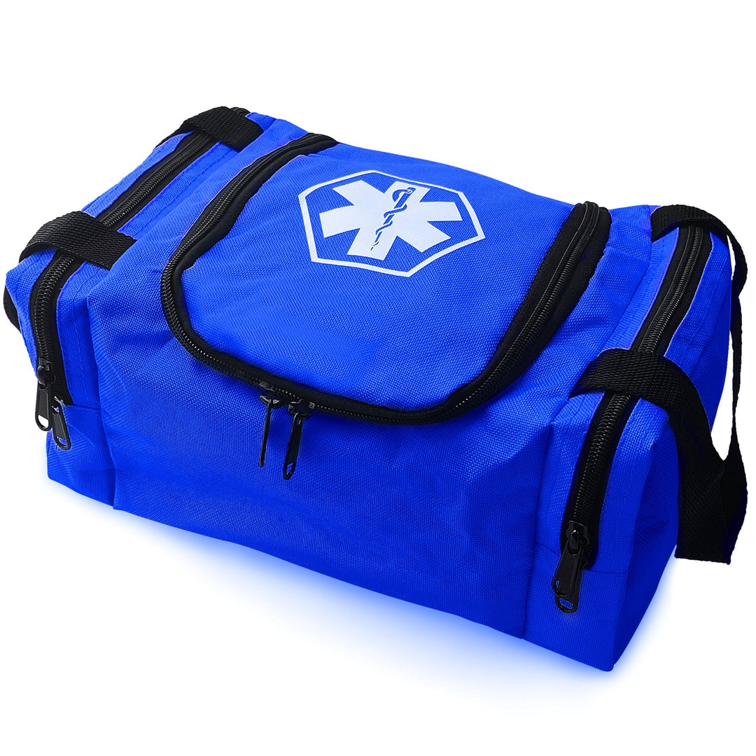 An angled studio shot of the blue first responder bag, highlighting the durable fabric construction, black zipper pulls, shoulder strap attachments, and the medical logo on top.
