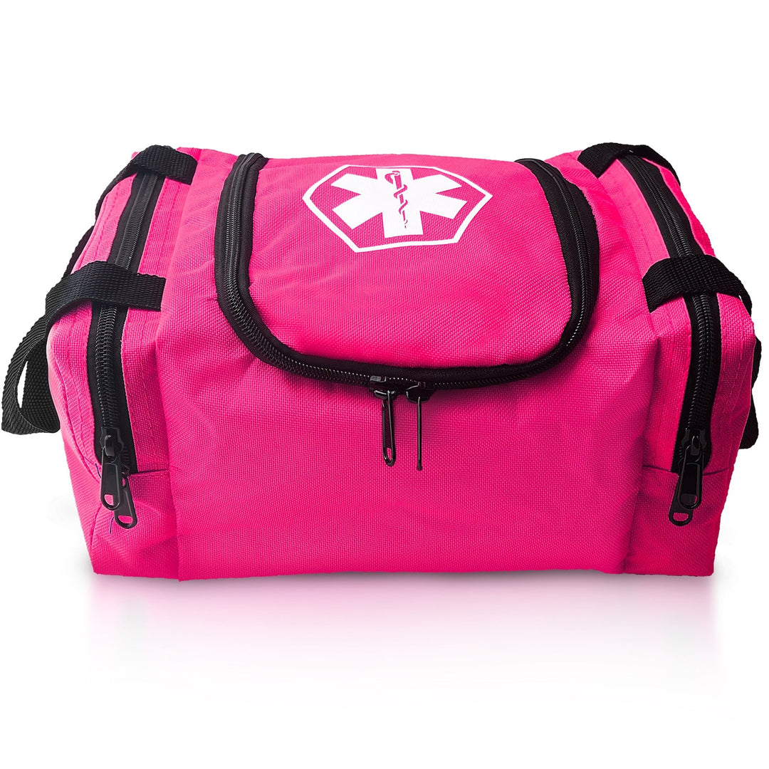 A front view of a pink EMT trauma bag, showing the central main compartment with a dual-zipper opening, two side storage pockets, and a white Star of Life emblem clearly visible on the top lid.